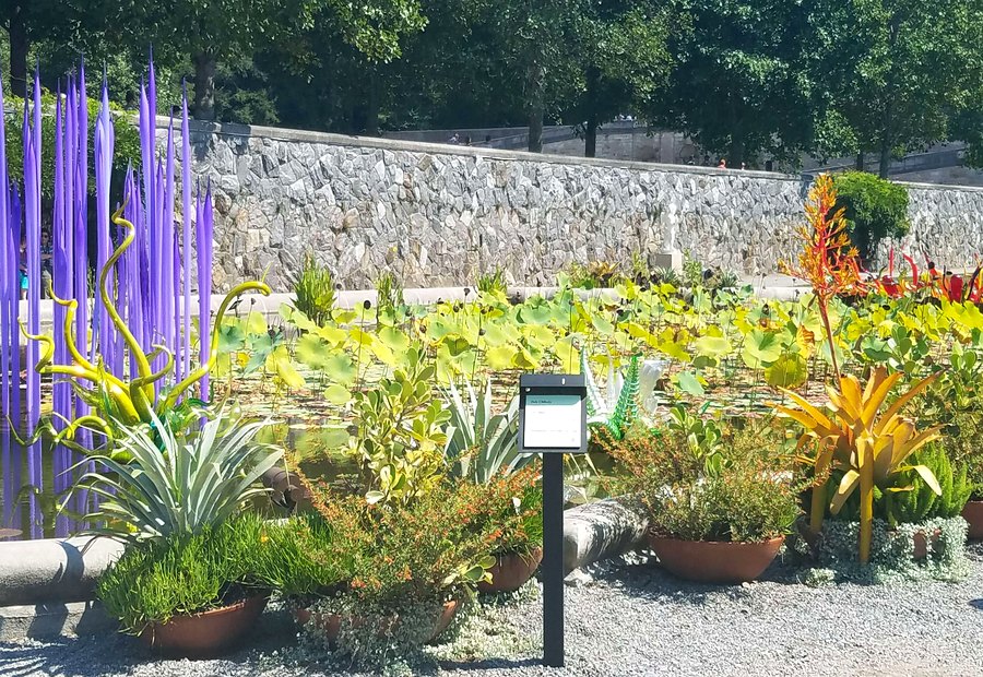 A StoryWalk display installed in a planted garden bed